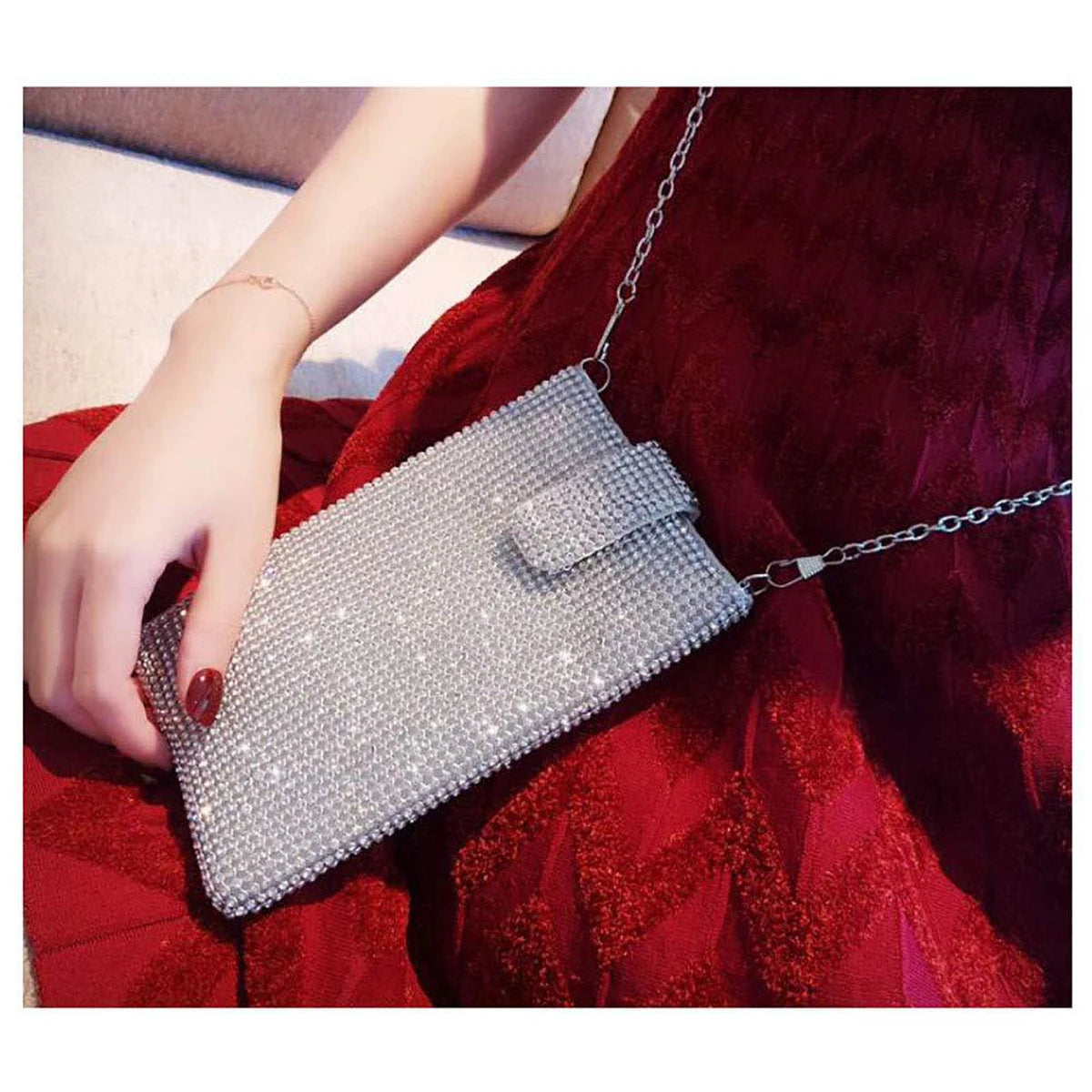 Shiny rhinestone mobile phone wallet, metal chain shoulder lipstick mini bag, dinner party ball messenger bag