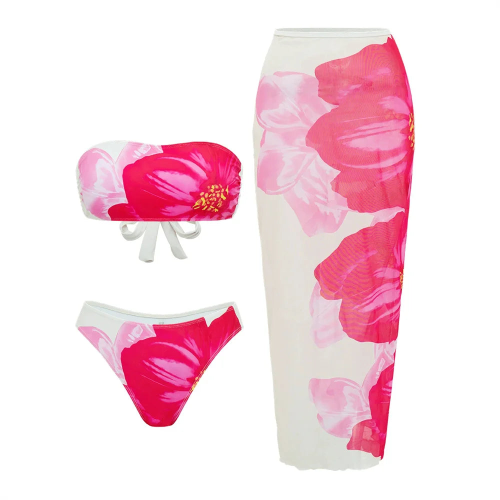 2025 New Flower Print Bikini Set Women's High Waist Long Skirt 3 Piece Swimsuit Sexy Mini Triangle Backless Thong Bathing Suit
