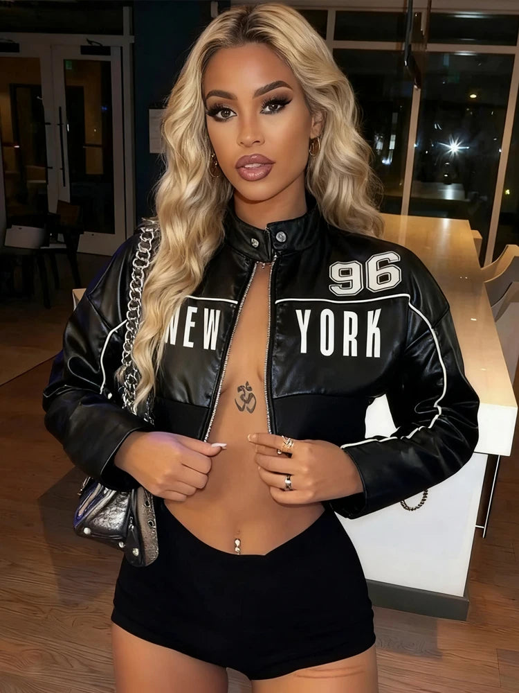 Weird Puss PU Jacket Women Letter Print Patchwork Uniform Hipster Button Zip Trend Sporty Street Varsity Casual Fall Crop Coat