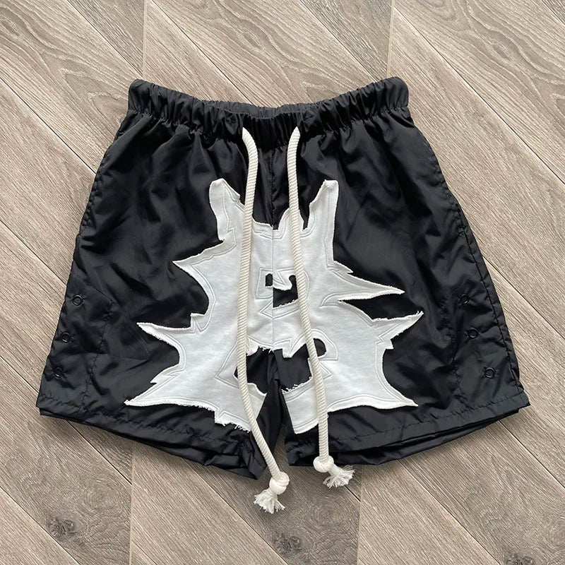 Cactus Jack Shorts Fashion Casual  Loose Color Blocking Patch Black Drawstring Elastic Waist Shorts Men Women Streetwear Pants