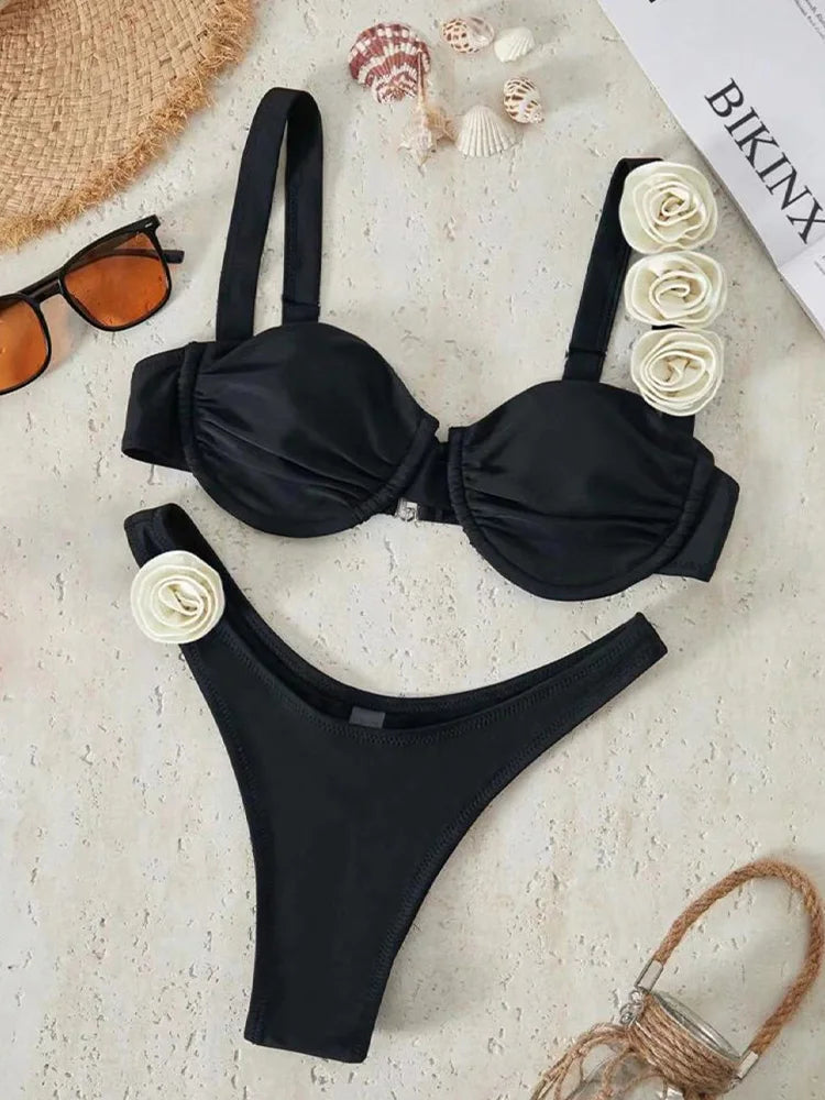 Sexy Solid Backless Floral Bikini  Set Women Split Swimsuit High Waist Beach Bikini 2025 New Summer Swimwea Bikinis Set