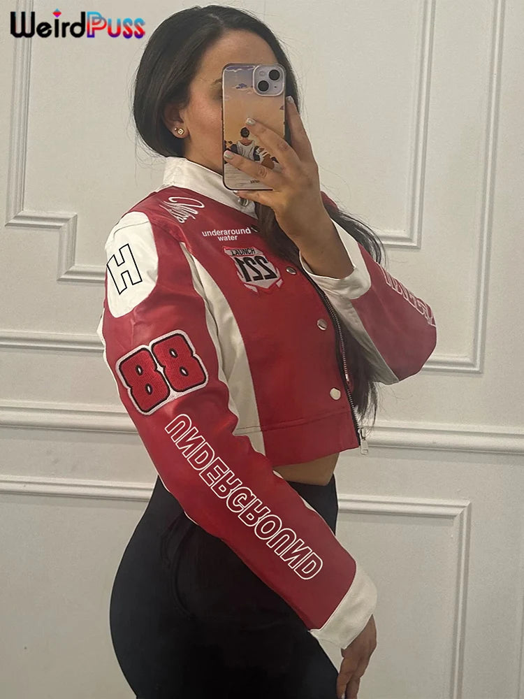 Weird Puss Hipster Crop Jacket Women Y2K Letter Print Hipster Uniform Street Patchwork Single-Breasted Hipster Autumn Trend Coat