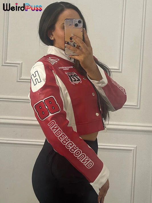 Weird Puss Hipster Crop Jacket Women Y2K Letter Print Hipster Uniform Street Patchwork Single-Breasted Hipster Autumn Trend Coat