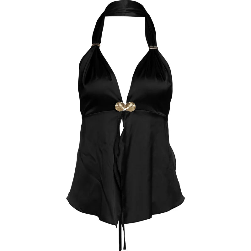 Weird Puss Metal Shell Clasp Tank Tops Women Y2K Halter Backless Sleeveless Summer Trendbeach Party Midnight Wild Vacation Vest
