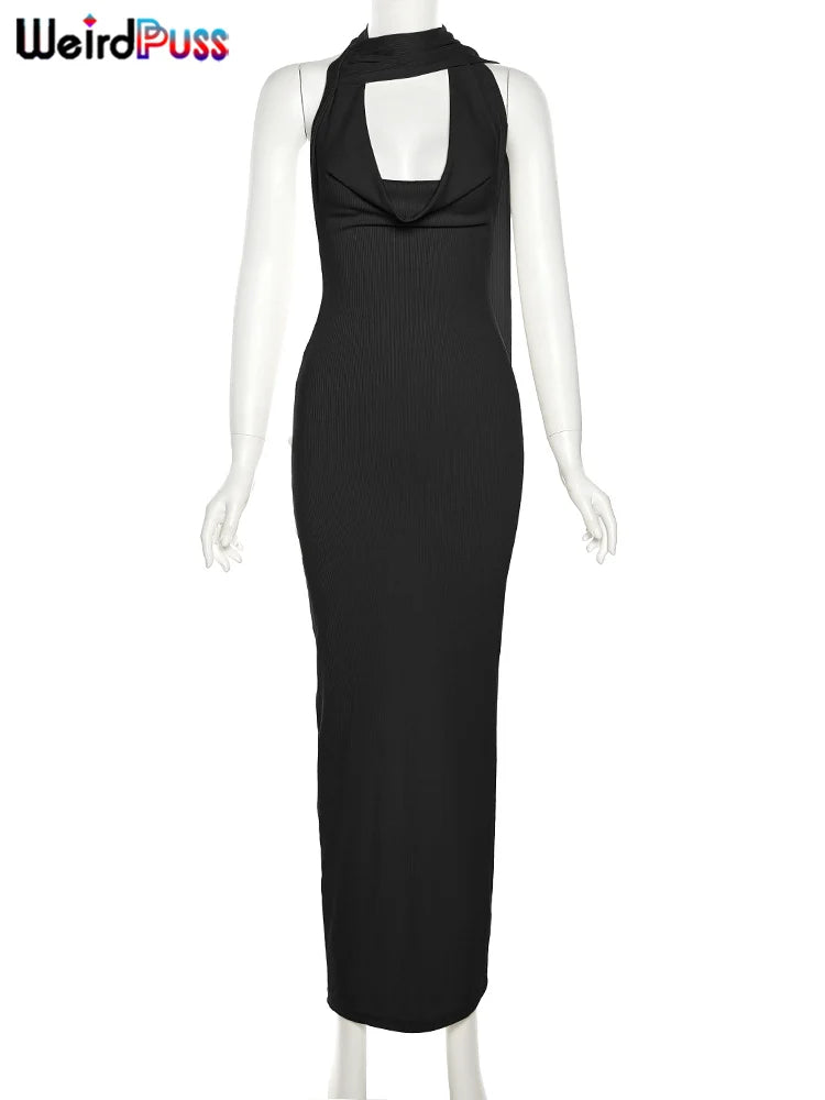 Weird Puss Backless Halter Women Evening Dress With Scarf Hollow Back Split Skinny Ladies Formal Occasion Prom Bodycon Vestidos
