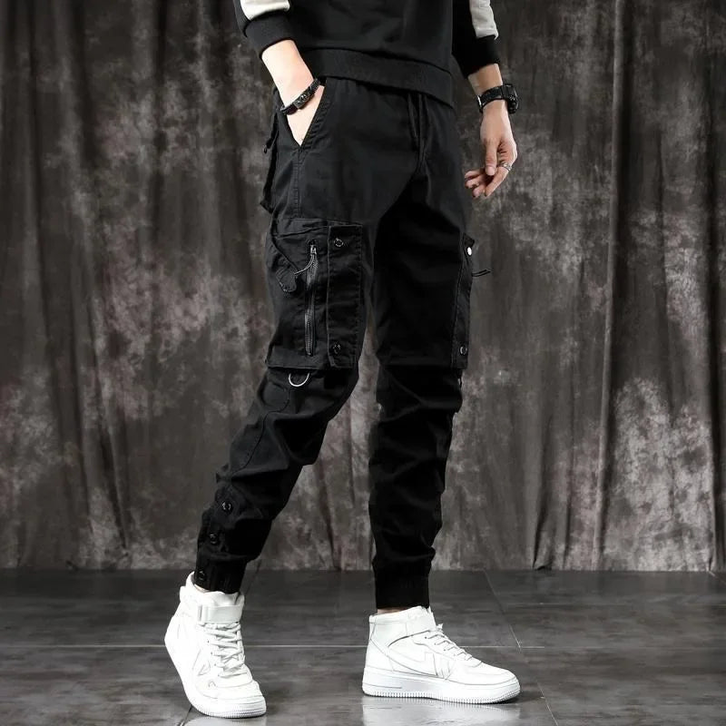 Trendy Men's Spring Autumn Cargo Pants Slim Fit Casual Style Loose Fit American Style Multiple Pocket Small Foot Pants Black