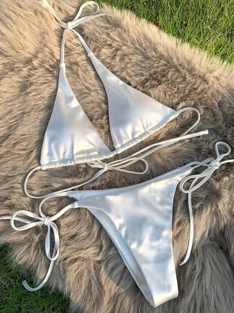 Halter Brazilian Metallic Satin Bikini  Swimwear, Swimsuit Two-pieces Bikini Set High Cut Bathing Suit Swim Beachwear