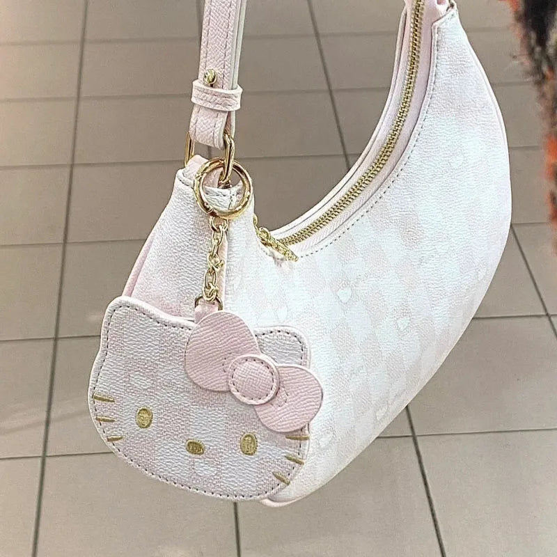 Ladies Pu Leather Armpit Bag Pink Checkerboard Cute Crescent Shoulder Bag Handbag Tote Bag
