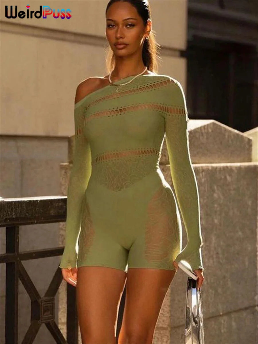 Weird Puss See Through Romper Women Sexy  Hollow Rhinestones Long Sleeve Skinny Irregular Off Shoulder Body-Shaping Playsuits