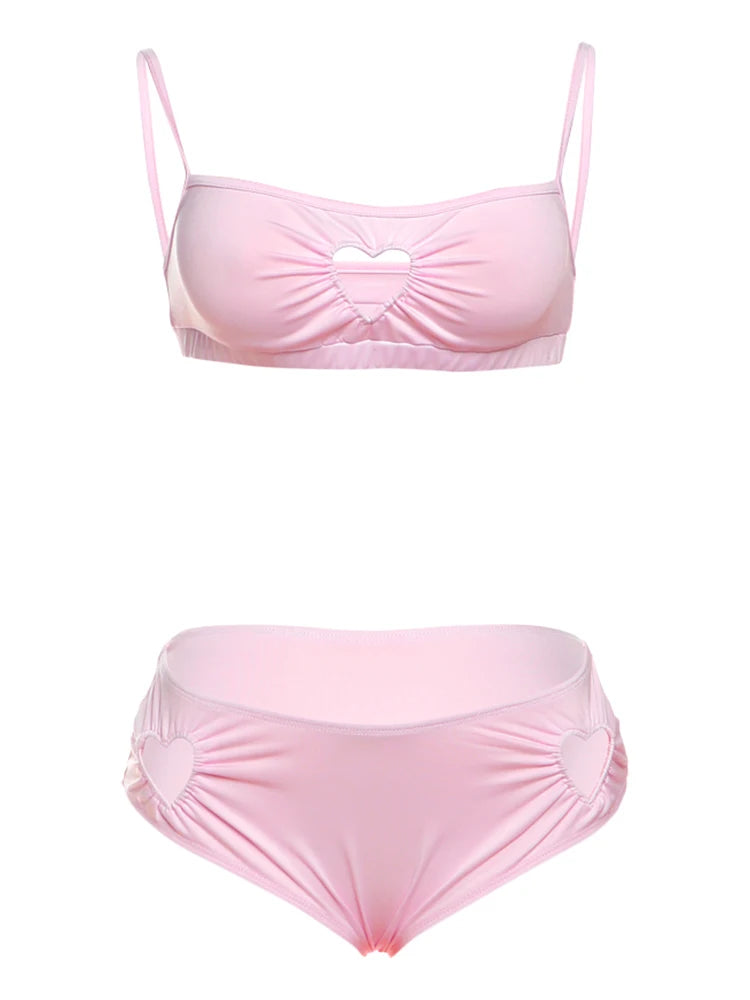 Weird Puss Heart Hollow 2 Piece Set Women Simple Vacation Camisole+Panties Beach Style Matching Stretch Street Comfortable Suit