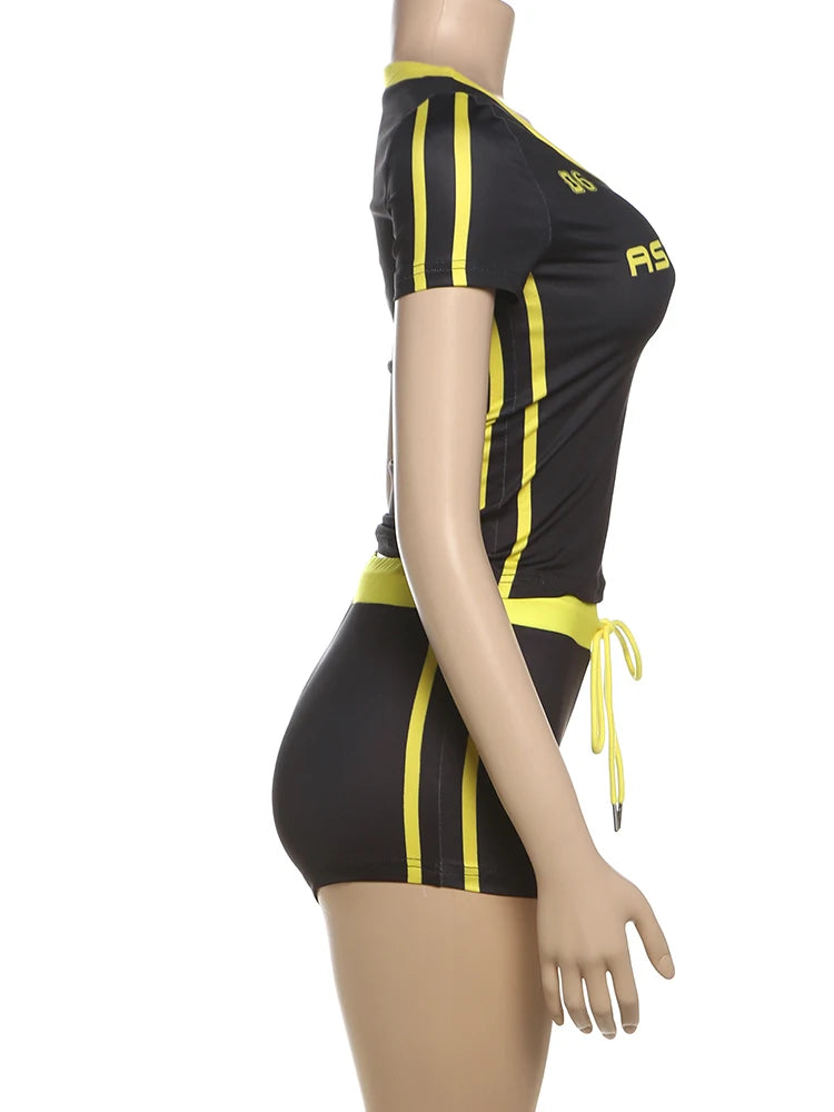 2 Piece Set Letter Print Crew Neck Short Sleeve Top+Drawstring Slim Mini Bottoms, lady's Tracksuit