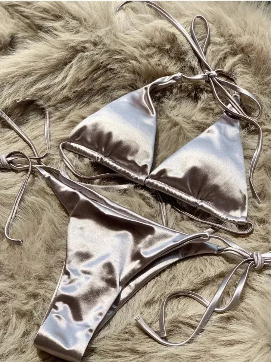 Halter Brazilian Metallic Satin Bikini  Swimwear, Swimsuit Two-pieces Bikini Set High Cut Bathing Suit Swim Beachwear