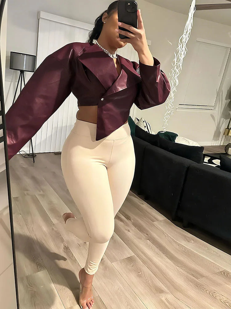 Weird Puss Single Button Crop Jacket Women Hipster Irregular Faux Leather Fall Trend Wild Basic Sexy Cross Neck Streetwear Coat