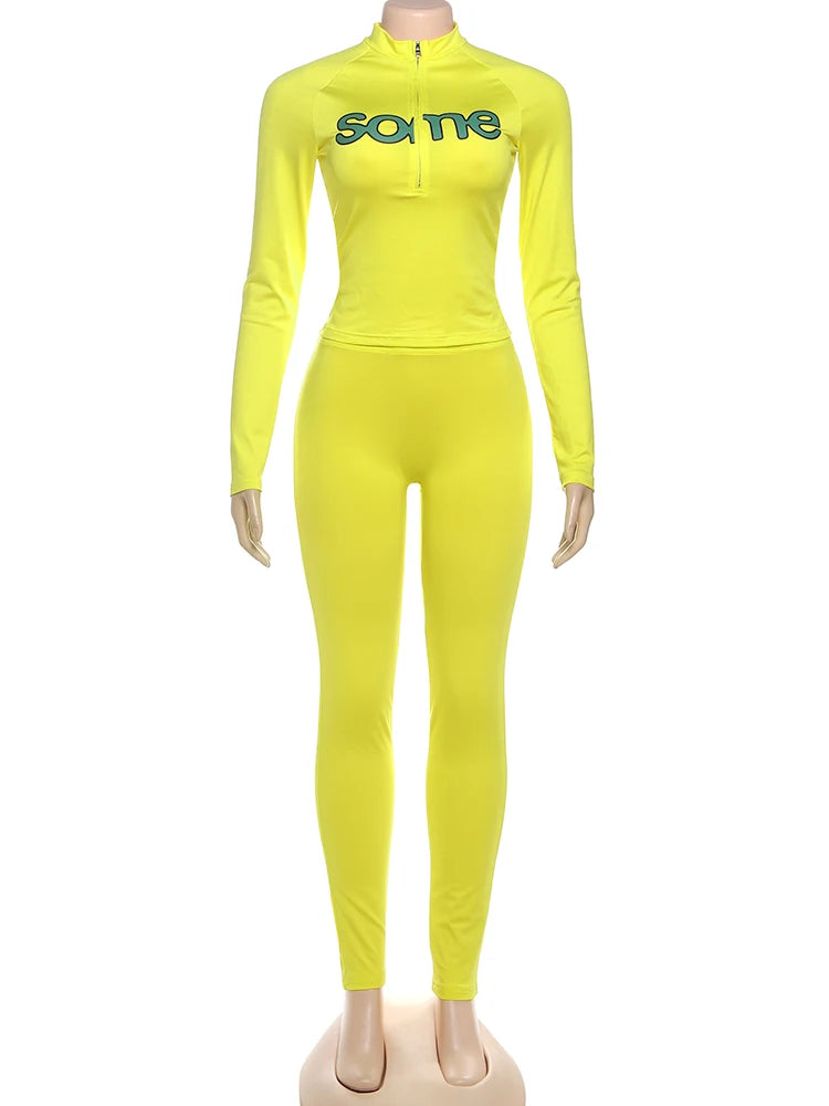 Weird Puss Casual Sporty Women2 Piece Set Letter Print Zip Crop Tops+Leggings Matching Street Stretch Skinny Streetwear Outfits