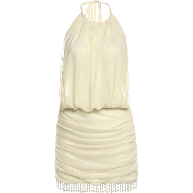 Weird Puss Mesh Patchwork Mini Dress Women Lace-Up Halter Sexy Backless Pearl Tassel Midnight Club Party Ruched Elegant Outfits