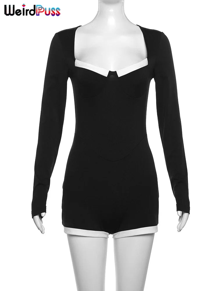 Weird Puss Square Collar Playsuit Women Fall Chic Patchwork Long Sleeve Skinny Stretch  Long Sleeve Romper Streetwear Overalls