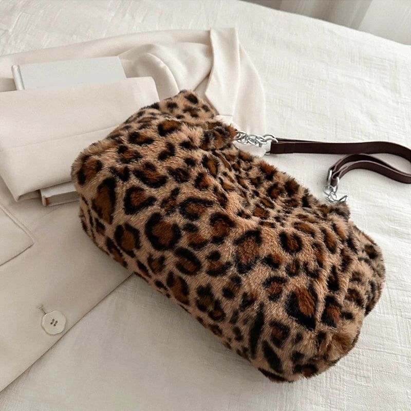 National Style Simple Women Leopard Tote Bag Lady Luxury Fluffy Shoulder Bag Chain Large Capacity Commuter Handle Bag