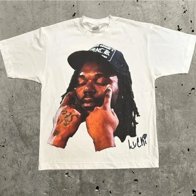 High Street Retro Trend Portrait Monogram Print Short Sleeve Summer T-shirt Y2k Goth Harajuku Hip Hop Couple Casual Loose Shirt