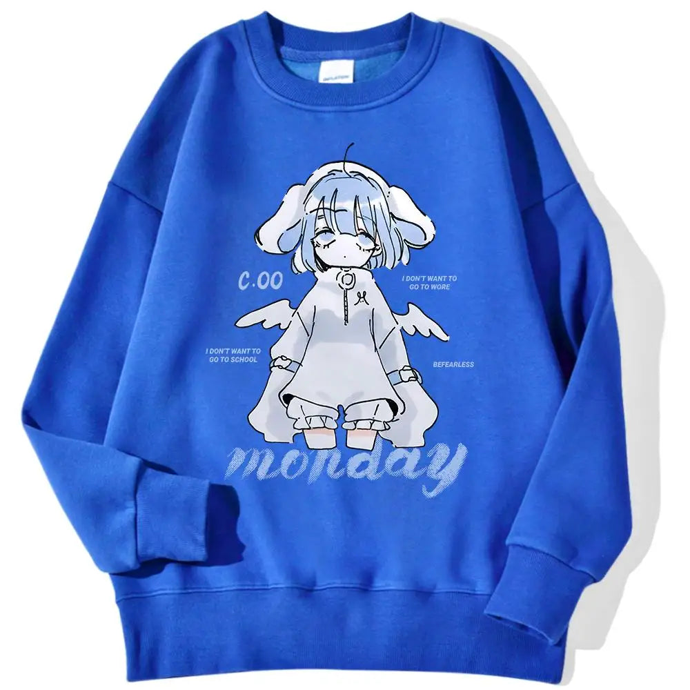 Harajuku Anime Girl Design Womens Sweatshirts Couples Kawaii Hoodie Comfortable Crewneck Clothes All-Match Fleece Streetwear
