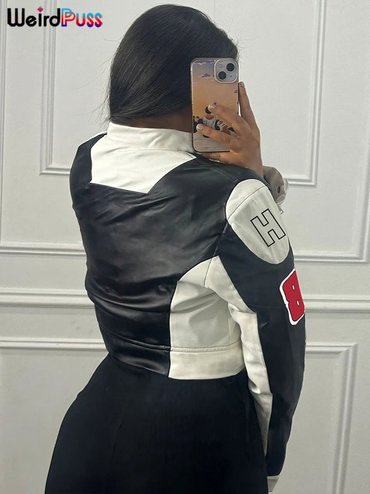Weird Puss Hipster Patchwork Jacket Women Y2K Letter Print Hipster Uniform Street Single-Breasted Hipster Autumn Trend Zip Coat