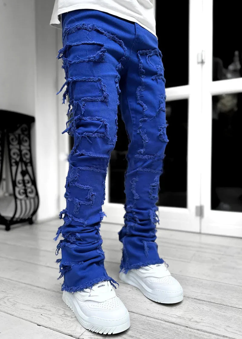 Denim Regular Fit Stacked Jeans Ripped Slim Fit Patch Distressed Destroyed Straight Denim Pants Hip Hop Streetwear Trouser Cloth