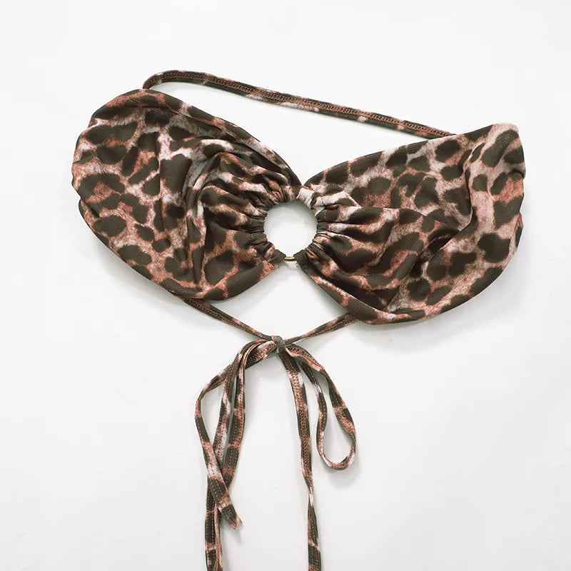 Weird Puss Sexy 3 Piece Set Women Leopard Print Mesh Full Sleeve Shawl+Bandage Metal Buckle Bra+Pants Street Trend Matching Suit