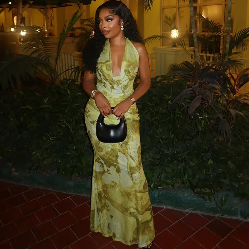 STYLISH LADY Floral Printed Backless Dress 2025 Summer Women Sleeveless Halter Bodycon Sexy Club Party Long Maxi Dresses