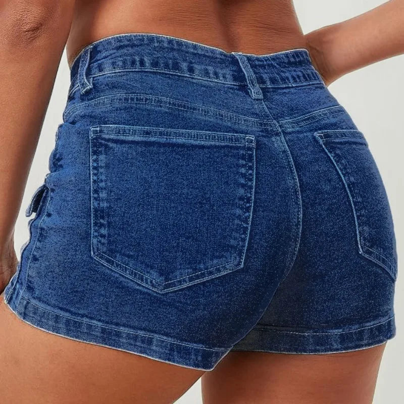 High Waisted Blue Cargo Style Shorts