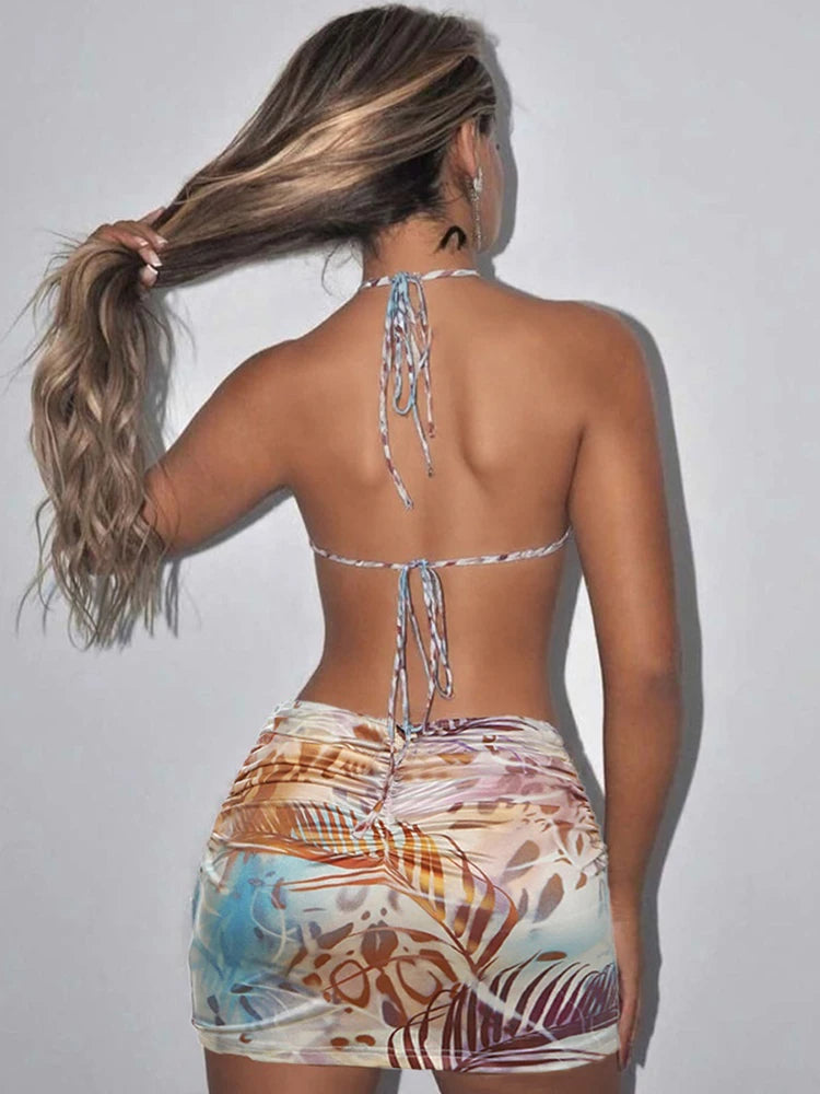 Weird Puss Backless Women Dress Pearl Chains Knot Wrap Summer Tie Dye Print Halter Bandage Backless Skinny Party Mini Bodycon