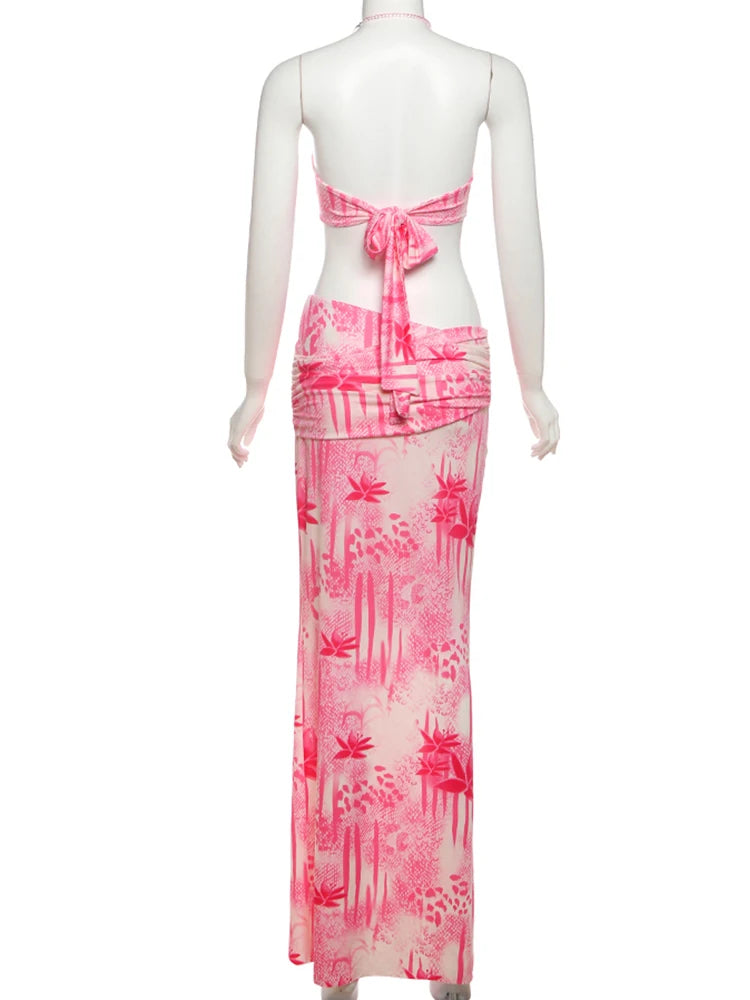 2 Piece Set Women Halter Applique Crop Tops+Skinny Skirts Vacation Beach Style Suit