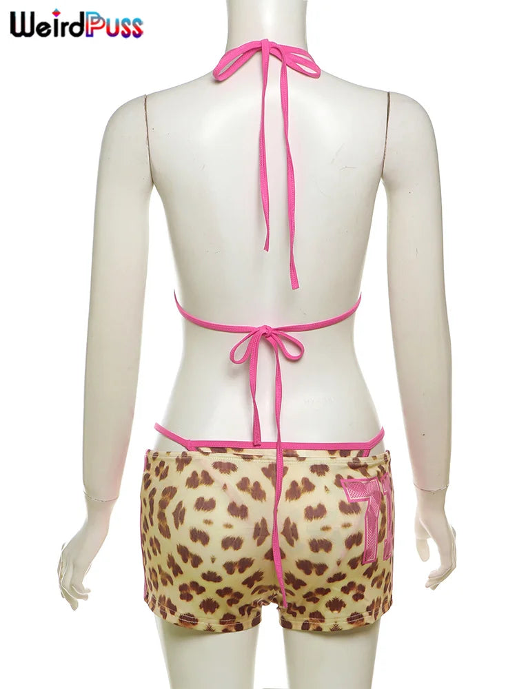 Weird Puss Beach Vacation 3 Piece Set Women Leopard Print Halter Bra Tops+Panties+Shorts Summer Midnight Party Matching Clubwear