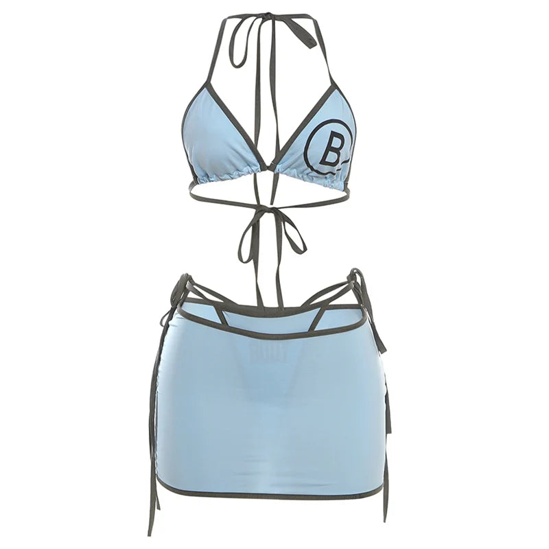 Weird Puss Beach Vacation 3Piece Set Women Letter Print Sexy Summer Bra+Bandage Briefs+Skirts Hipster Midnight Matching Clubwear