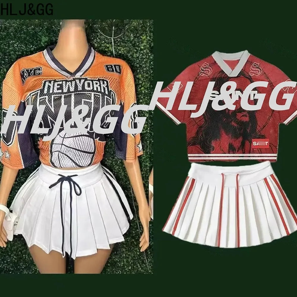 HLJ&GG Fashion 2 Piece Sets Women Outfit Deep V Letter Printing Loose T-shirt + Pleated Skirt Suit Streetwear Spring Summer New