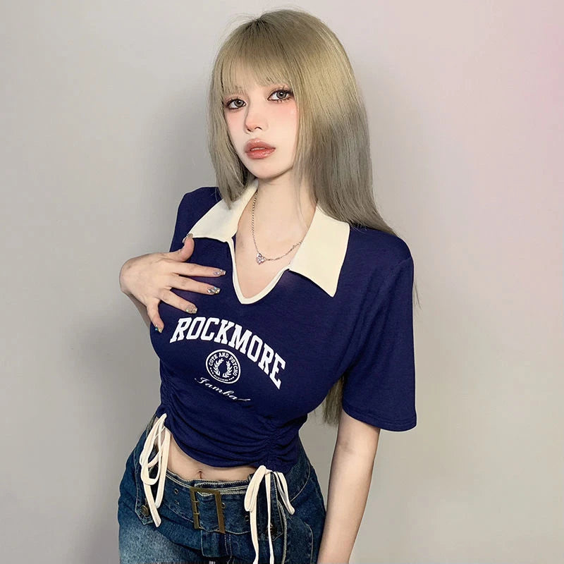 Drawstring Tie Up Crop Tops, Turndown Collar Graphic Short Sleeved Top