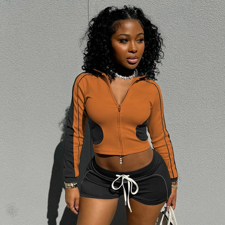 STYLISH LADY Contrast Color Sporty 2 Piece Set Women Long Sleeve Zipper Crop Top and Drawstring Short Suits 2025 Workout Outfits
