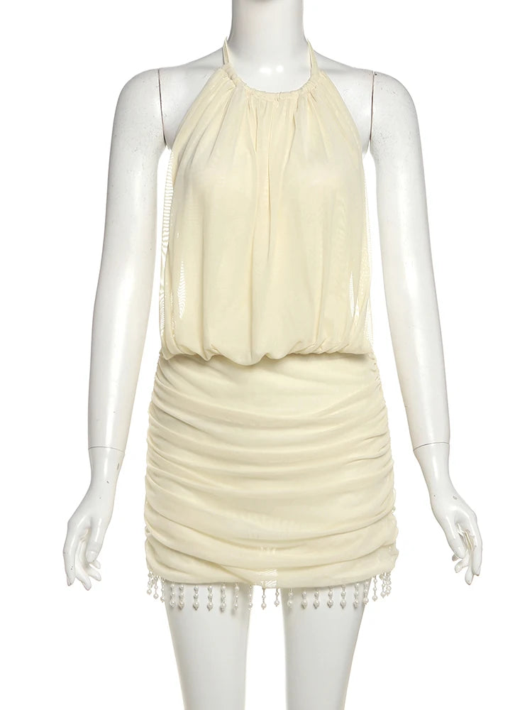 Weird Puss Mesh Patchwork Mini Dress Women Lace-Up Halter Sexy Backless Pearl Tassel Midnight Club Party Ruched Elegant Outfits