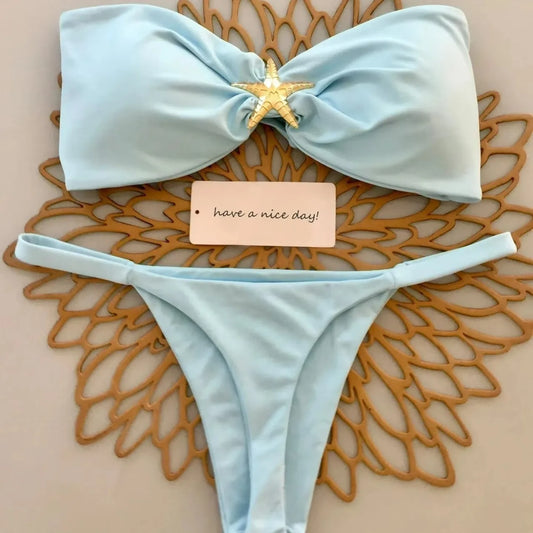 Sexy Women's Bikini Solid Color Strapless Split Swimsuit