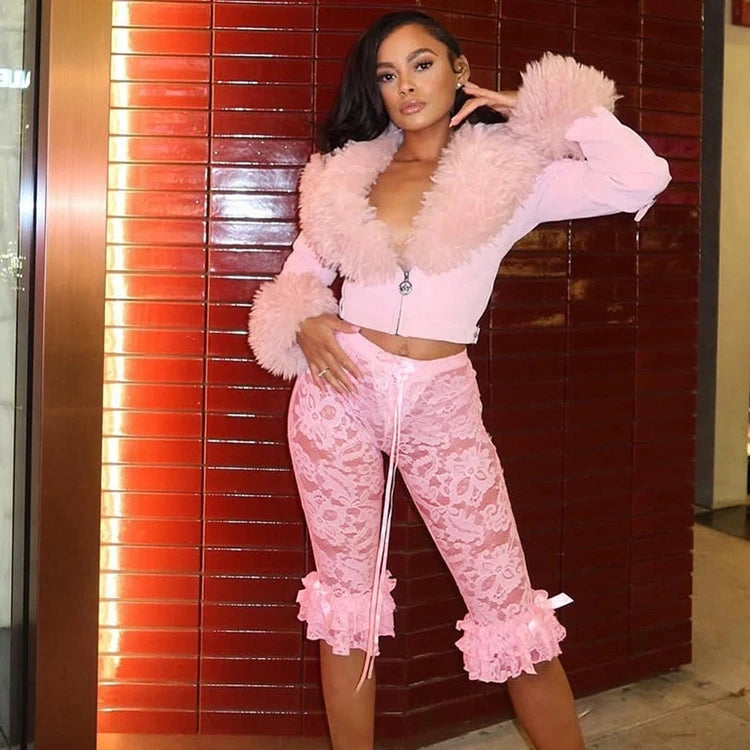 Lace Knee Length Pants, Summer Women Midi Waist Hollow Out Sexy Club Party See Through Leggings Pants