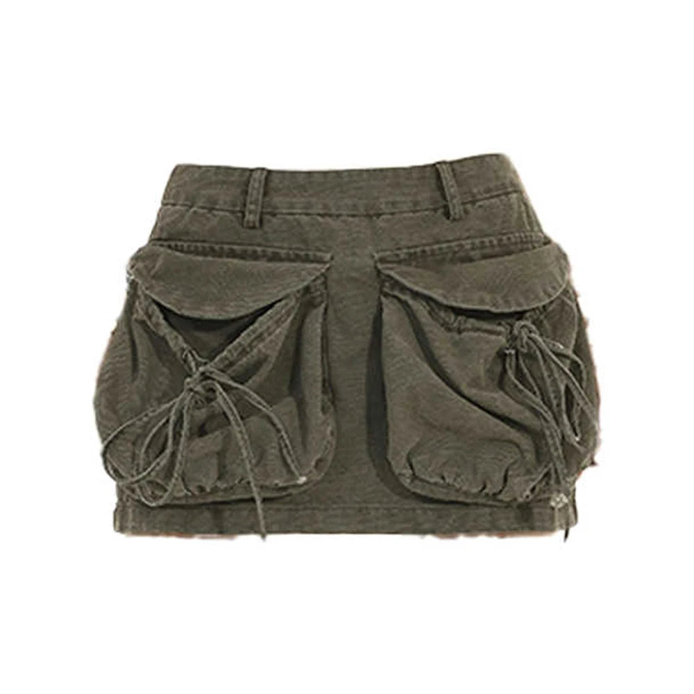 Women's Army Green A-line  Cargo Skirt Vintage Y2k Gyaru Mini Cowboy Skirts Harajuku Short Skirts 2000s Clothes 2025 Summer