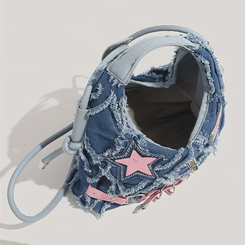 y2k Hot Girl style pink five-pointed star applied-designed fringed jeans crossbody bag A-DH