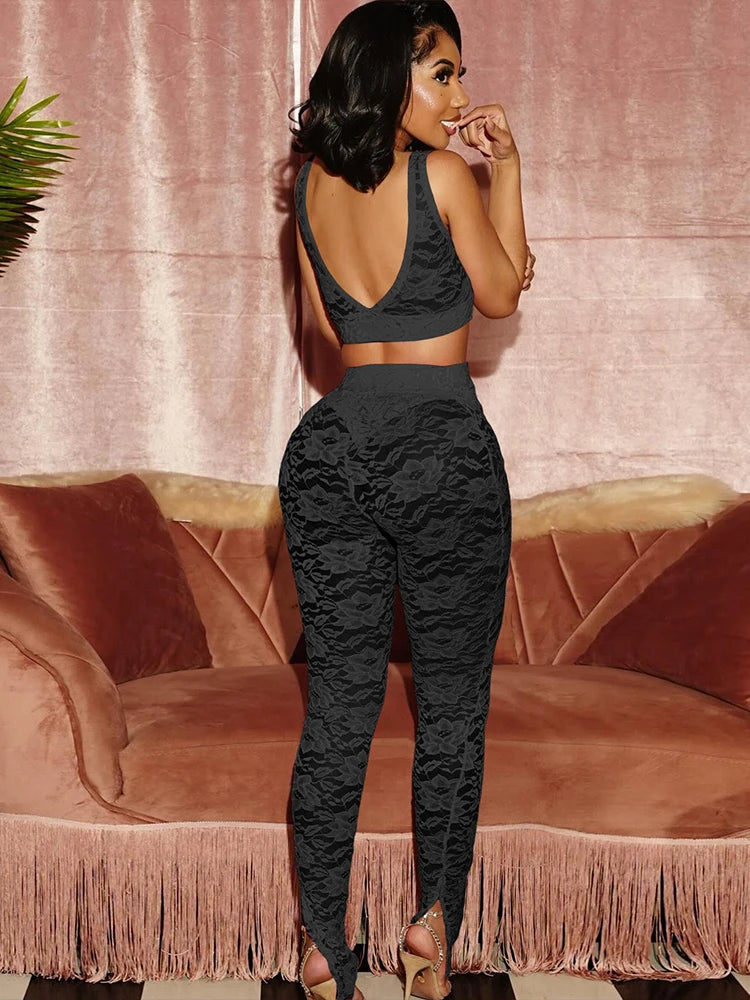 2 Piece Set, lace Coquette Wide Belt Tank Tops+Leggings