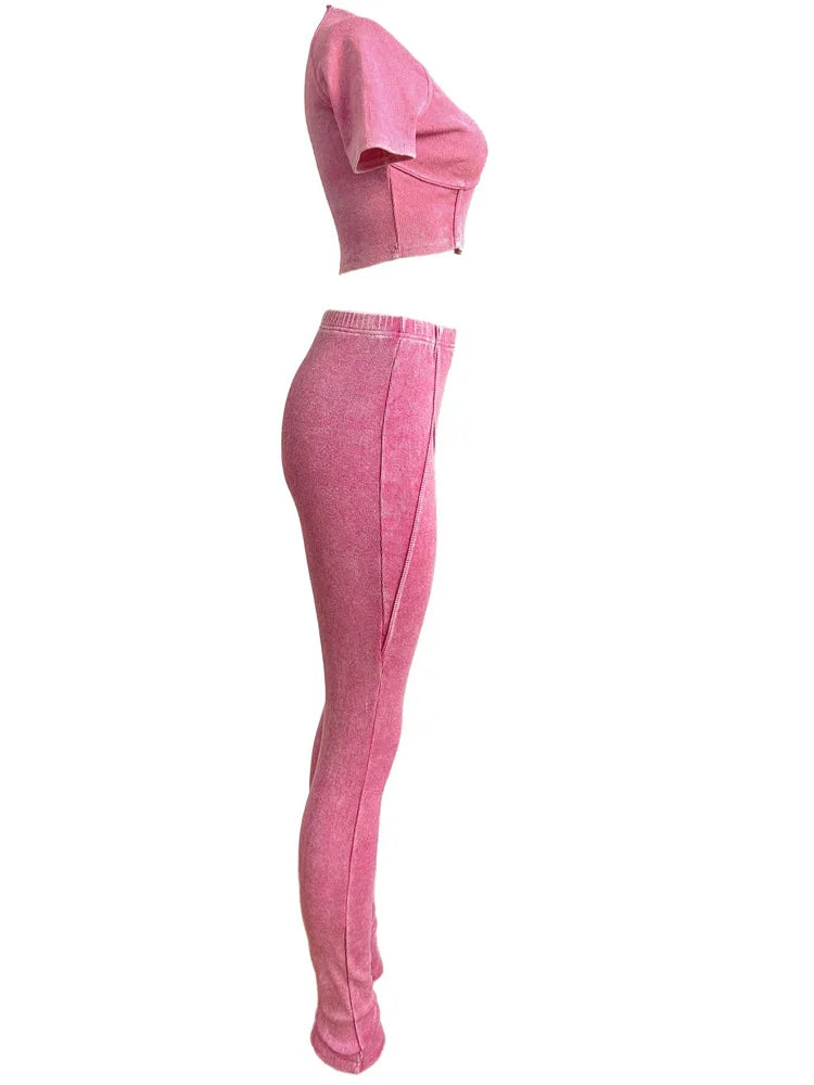 Kricesseen Breaking The Rules Mineral Wash Set Two-Piece Outfits Casual Ribbed Tracksuits Set Night Club Outfits Fitted Overalls