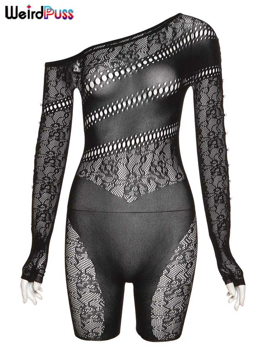 Weird Puss See Through Romper Women Sexy  Hollow Rhinestones Long Sleeve Skinny Irregular Off Shoulder Body-Shaping Playsuits