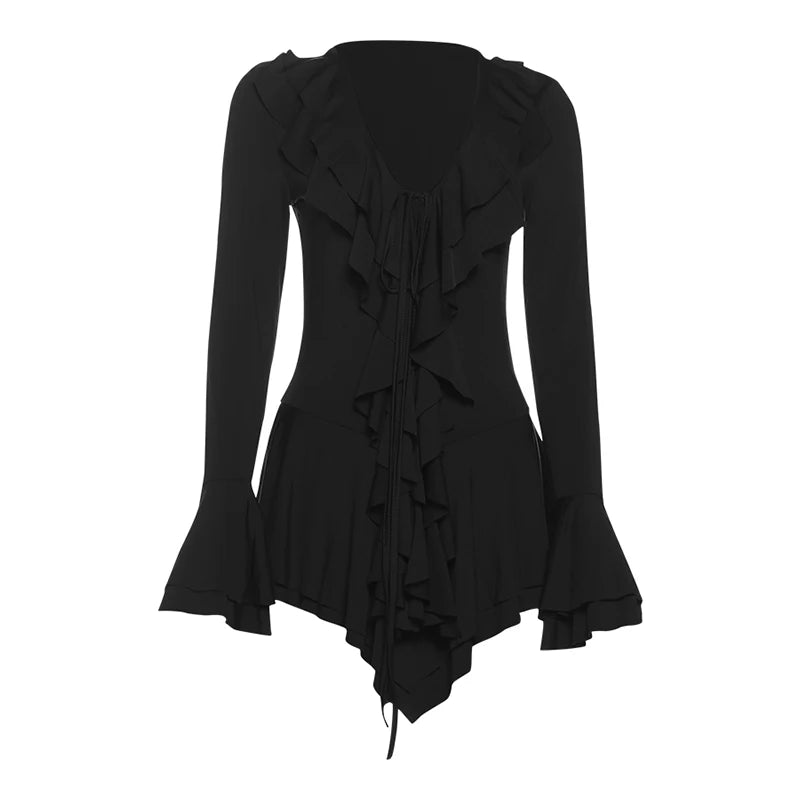 Weird Puss Irregular Hem Dress Women Tierred Y2K Flare Sleeve V-Neck Bandage Stretch Elegant Birthday Party Chic Hipster Bodycon