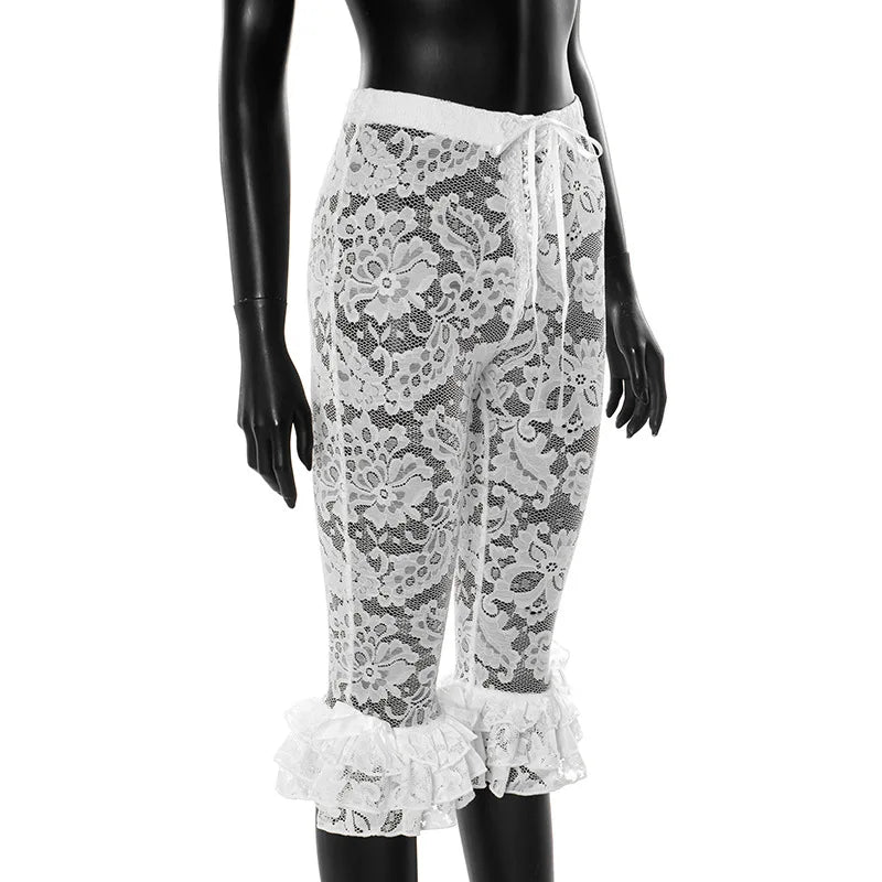 HLJ&GG Red Y2K Letter Lace Splicing Bandage Two Piece Sets Women Off Shoulder Hollow Crop Top And Skinny Ruffle Shorts Outfits