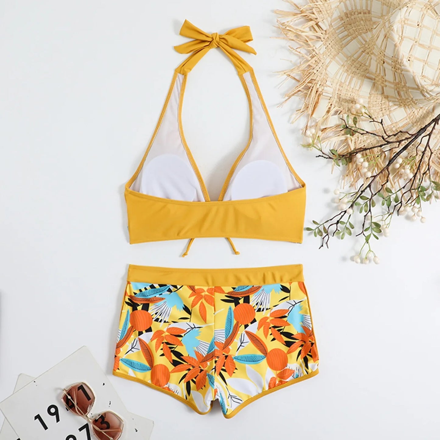 Shorts Bikinis Set  High Waist Swimsuit Women Swimwear  Plant Print Bathers Bathing Swim Suit Beachwear