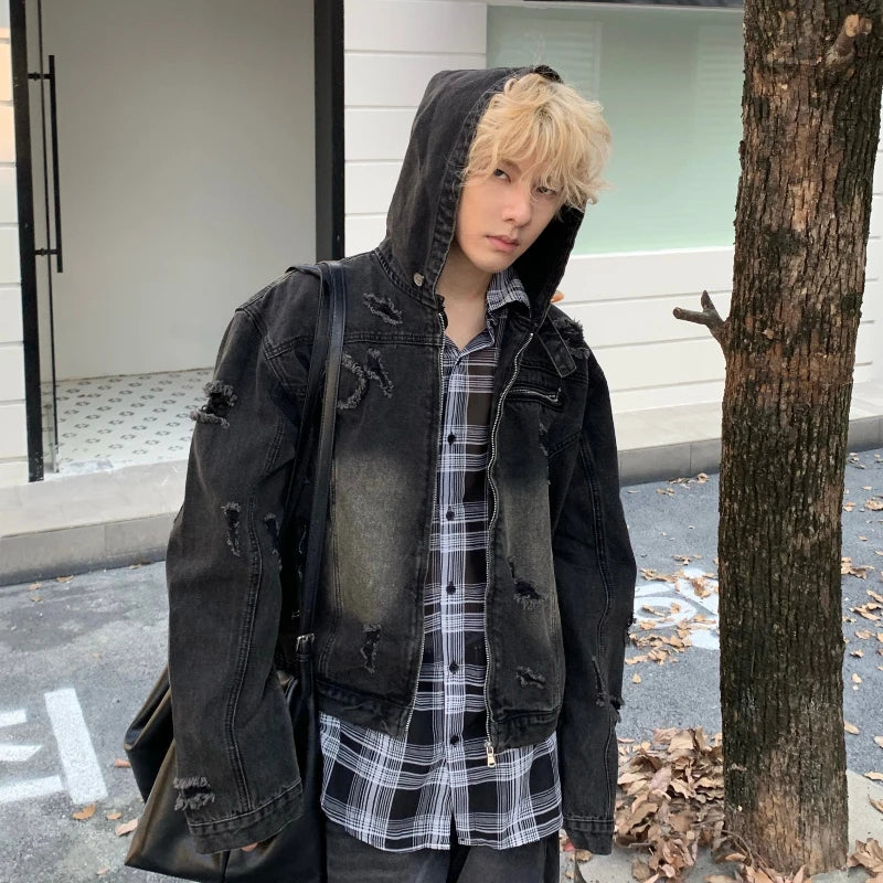 New Hooded Mens Denim Jacket 2024 American Retro High Street Loose Couple Tops Hip Hop Streetwear Trendy Washed Cowboy Coats