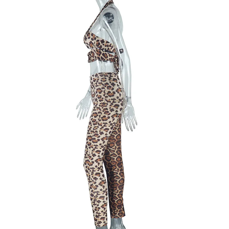 Weird Puss Leopard Print 2 Piece Set Women Halter Bandage Backless Crop Tops+Skinny Peach Hip Pants Wild Trend Streetwear Suits