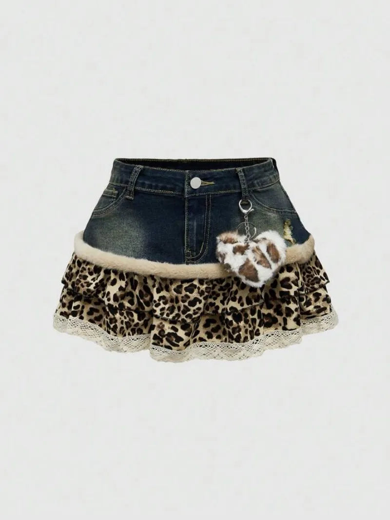 Harajuku Subculture jeans  Leopard Print Splicing Y2k Skirt Kawaii Gothic Mini Pleated Skirt Casual Retro Streetwear Skirts Women