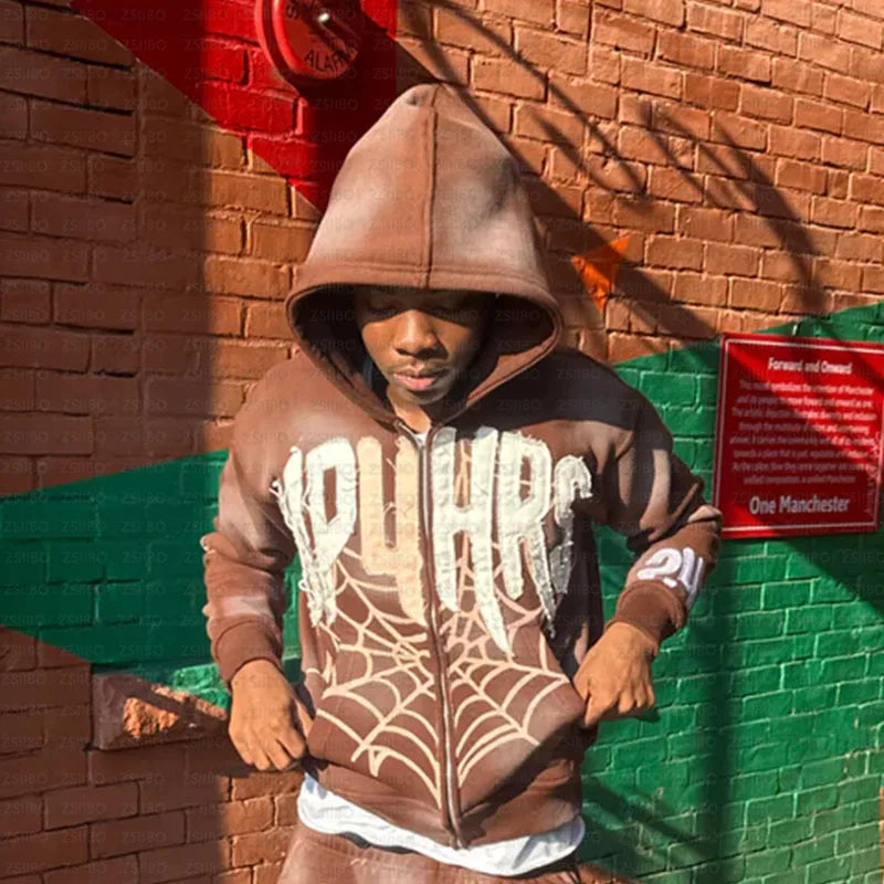 Retro Patch Spider Web Print Zipper Hoodie Y2K Sweatshirt Mens Hip Hop Letter Oversized Hoodie Jacket Clothes Streetwear Jacket